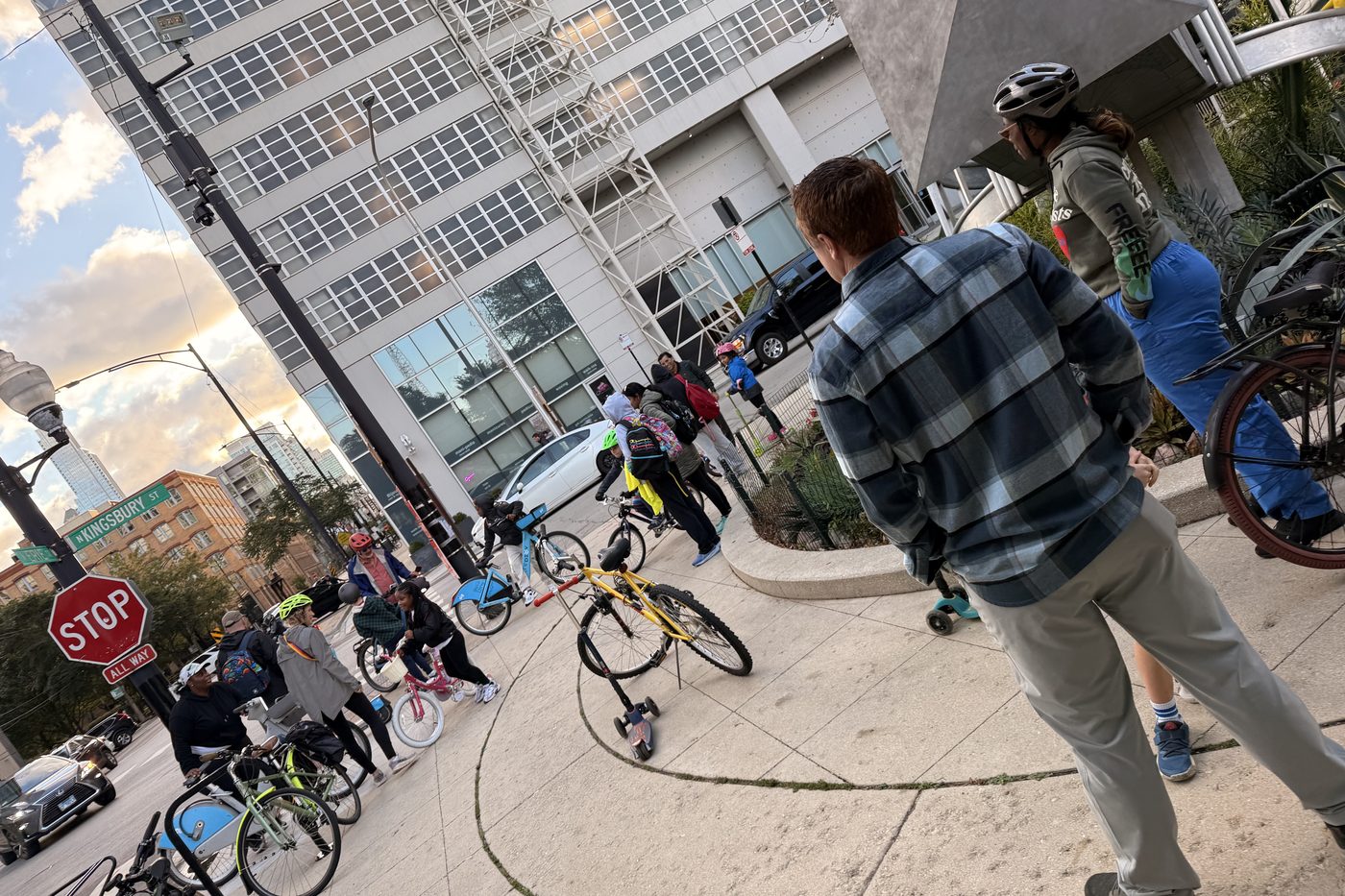 Riders gathering on the sidewalk at Kingsbury before setting off